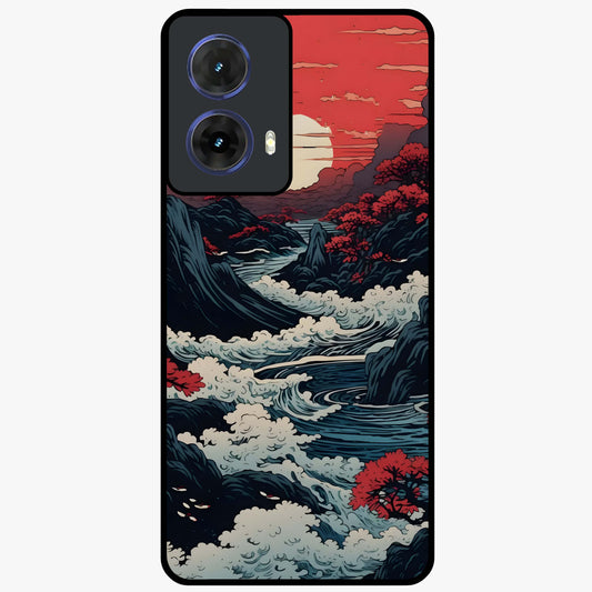 Red Sunset Scenery Glass Case showing flat back view with vibrant sunset landscape artwork and glossy glass finish.