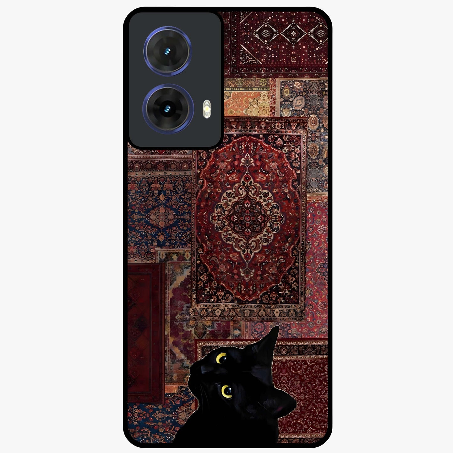 Regal Magic Cat Apple Glass Case showing flat back view with magical cat artwork holding apple and glossy glass finish.