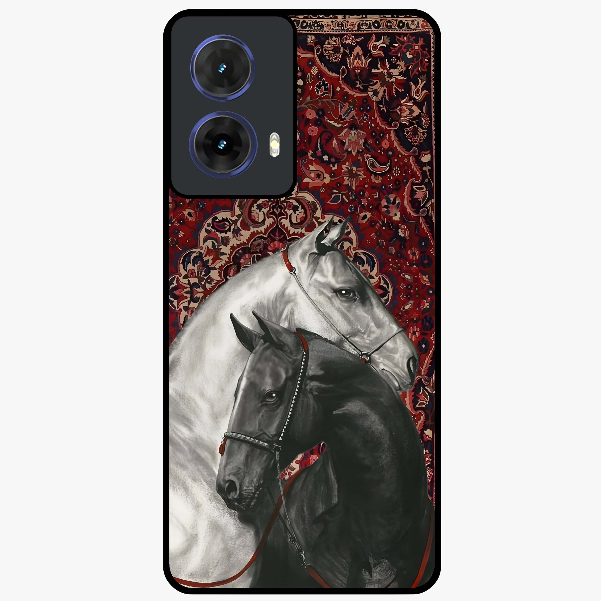 Regal Stallion Tapestry Glass Case showing flat back view with majestic horse tapestry artwork and glossy glass finish.