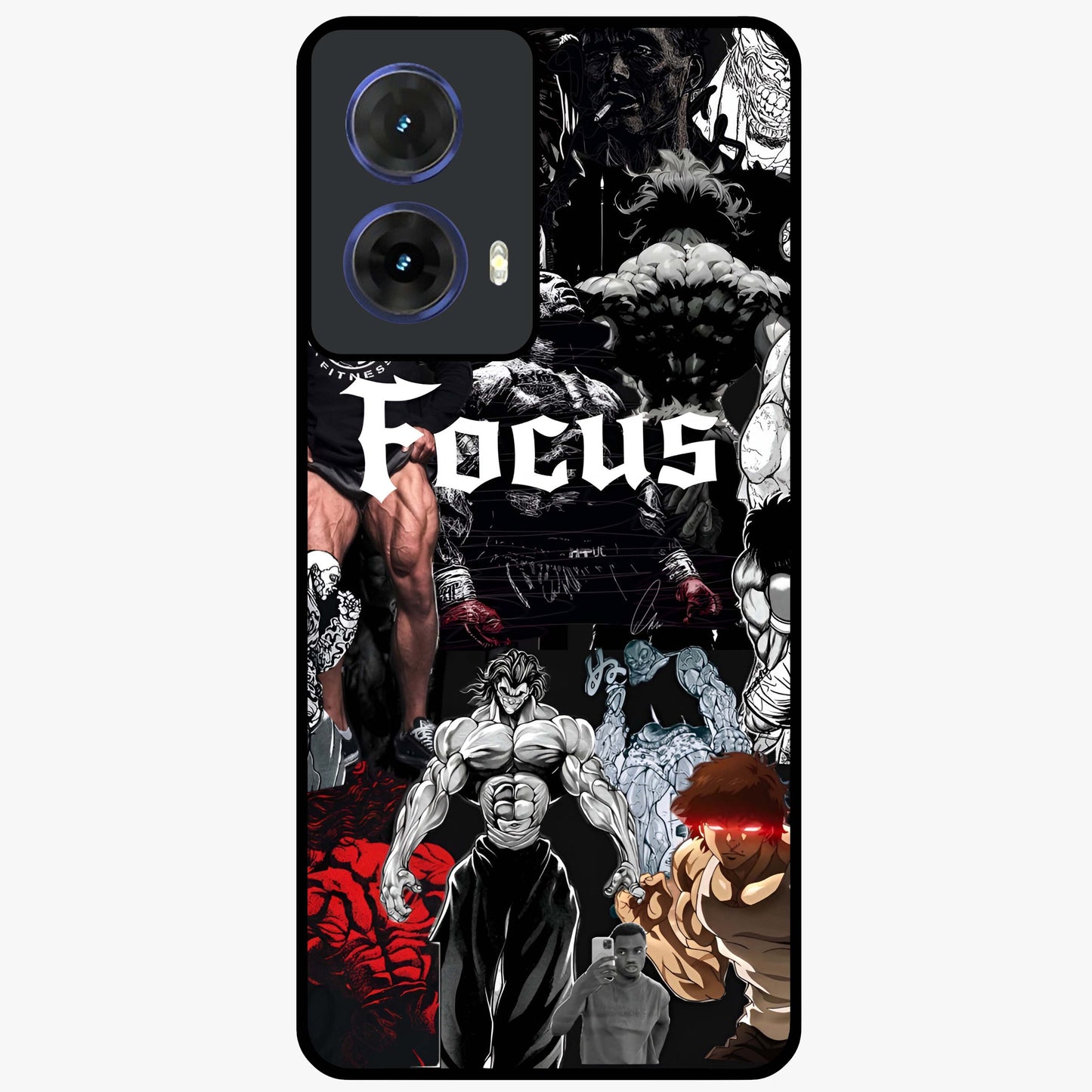 Relentless Power Focus Glass Case showing flat back view with motivational typography artwork and glossy glass finish.