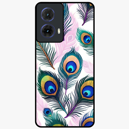 Royal Peacock Feathers Glass Case showing flat back view with colorful peacock feather artwork and glossy glass finish.