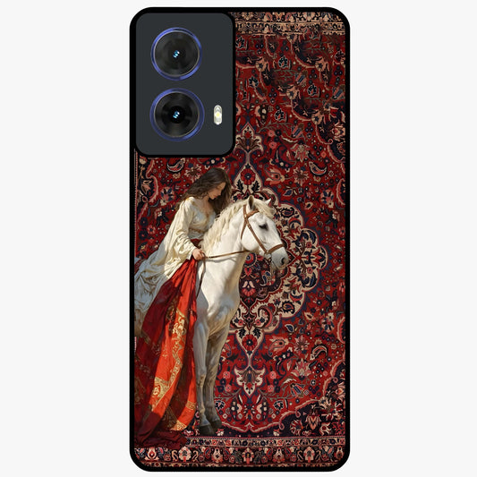 Royal Rider Tapestry Glass Case showing flat back view with majestic horse rider tapestry artwork and glossy glass finish.