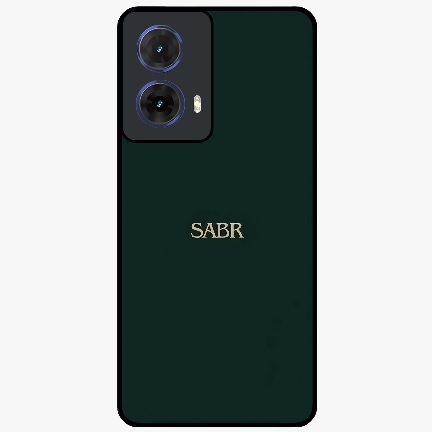 Sabr Minimal Patience Glass Case showing flat back view with minimalist typography artwork and glossy glass finish.