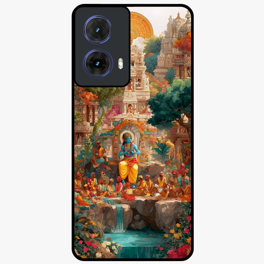 Sacred Sunlight Gods Glass Case showing flat back view with divine sunlight themed artwork and glossy glass finish.