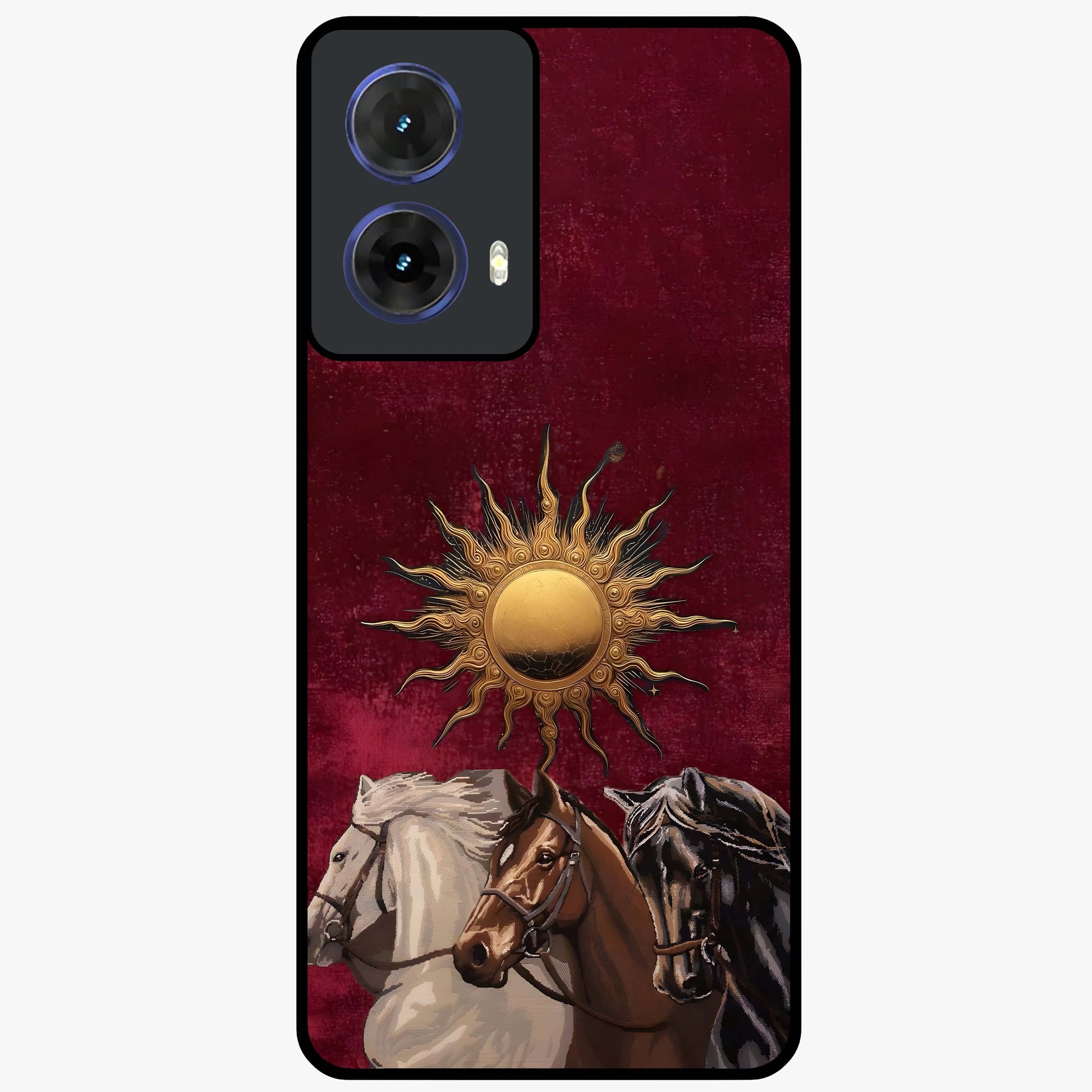 Solar Riders Glass Case showing flat back view with dynamic rider themed artwork and glossy glass finish.