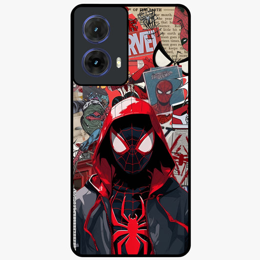 Spider Collage Street Glass Case showing flat back view with vibrant superhero collage artwork and glossy glass finish.