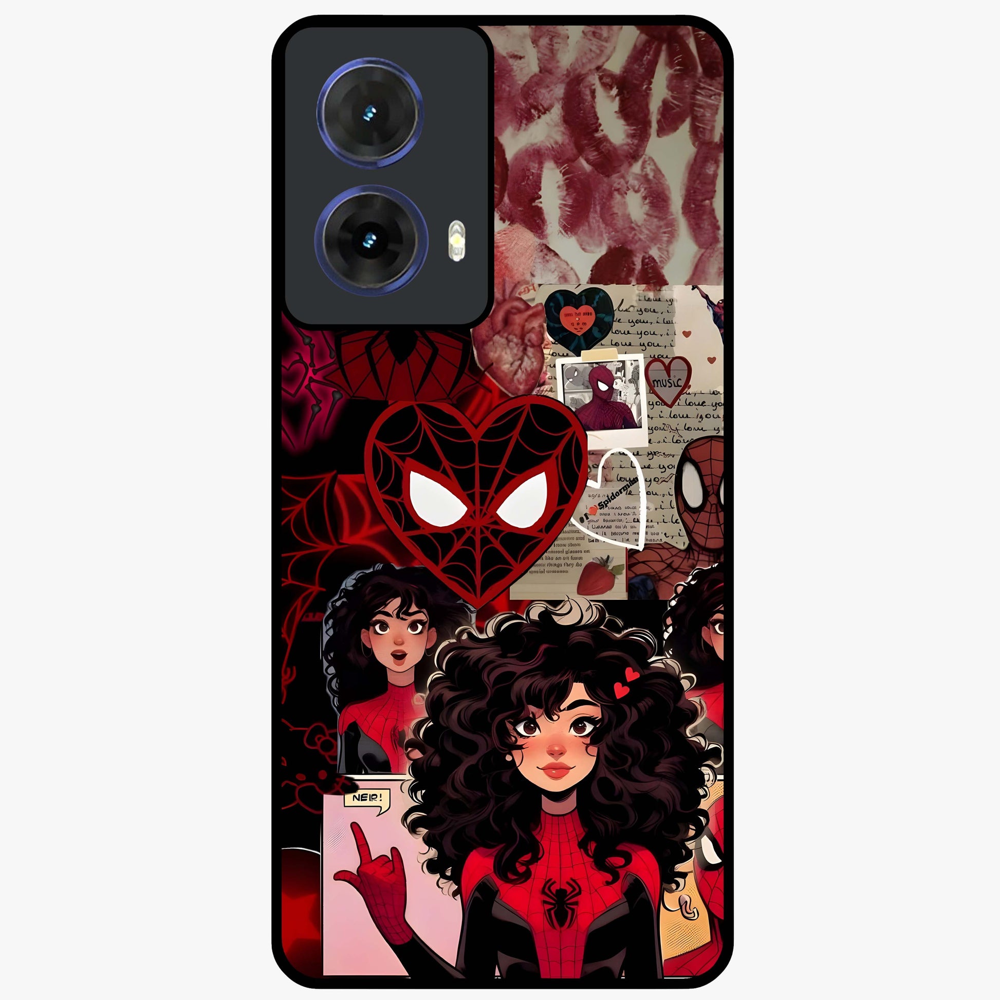 Spider Love Story Glass Case showing flat back view with romantic superhero themed artwork and glossy glass finish.