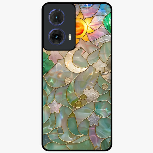 Stained Sunrise Glow Glass Case showing flat back view with glowing sunrise stained pattern artwork and glossy glass finish.