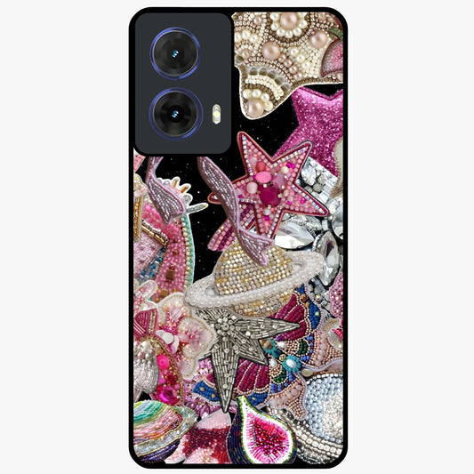 Starlit Jewel Dream Glass Case showing flat back view with sparkling jewel and star themed artwork and glossy glass finish.