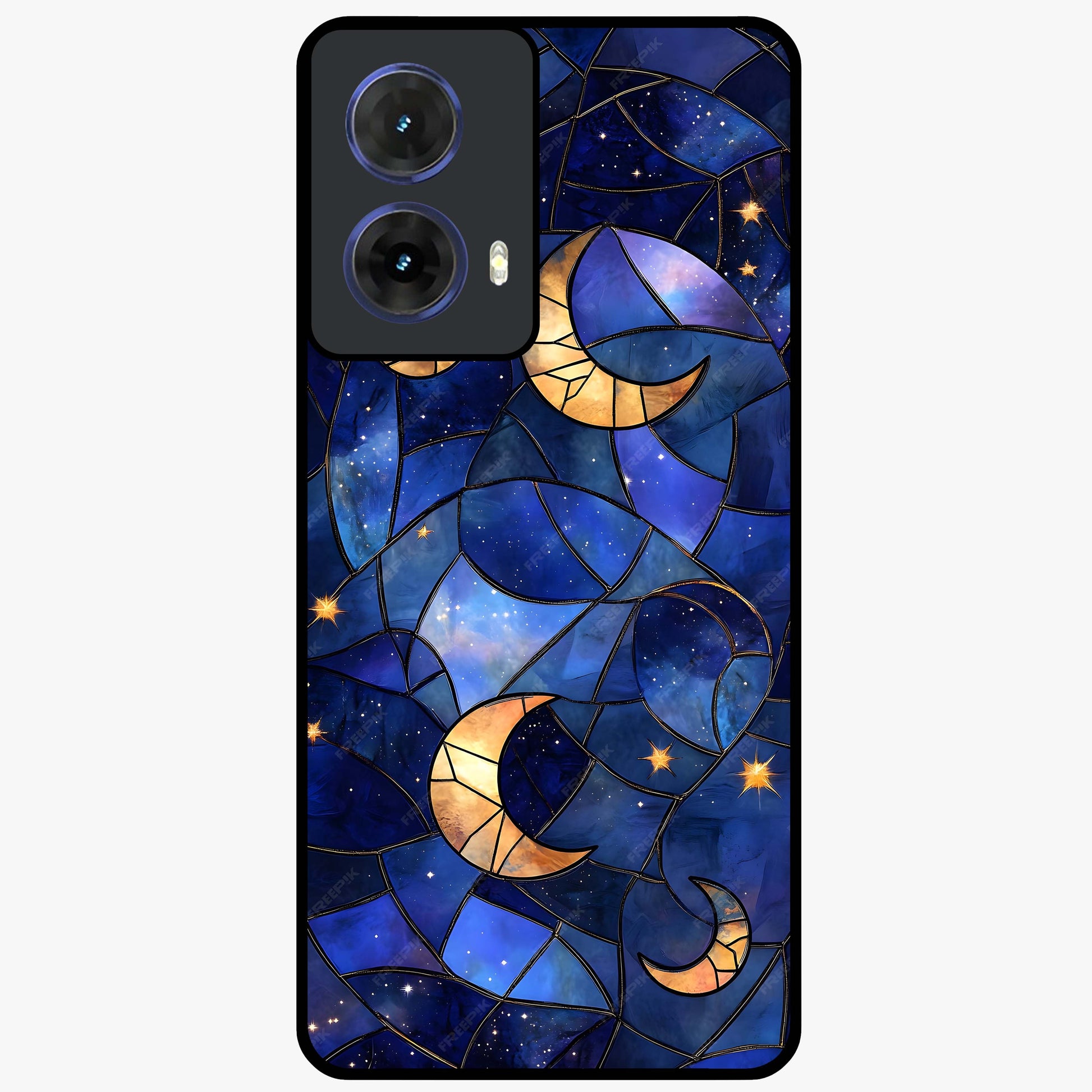 Starlit Sky Tapestry Glass Case showing flat back view with decorative starry sky tapestry artwork and glossy glass finish.