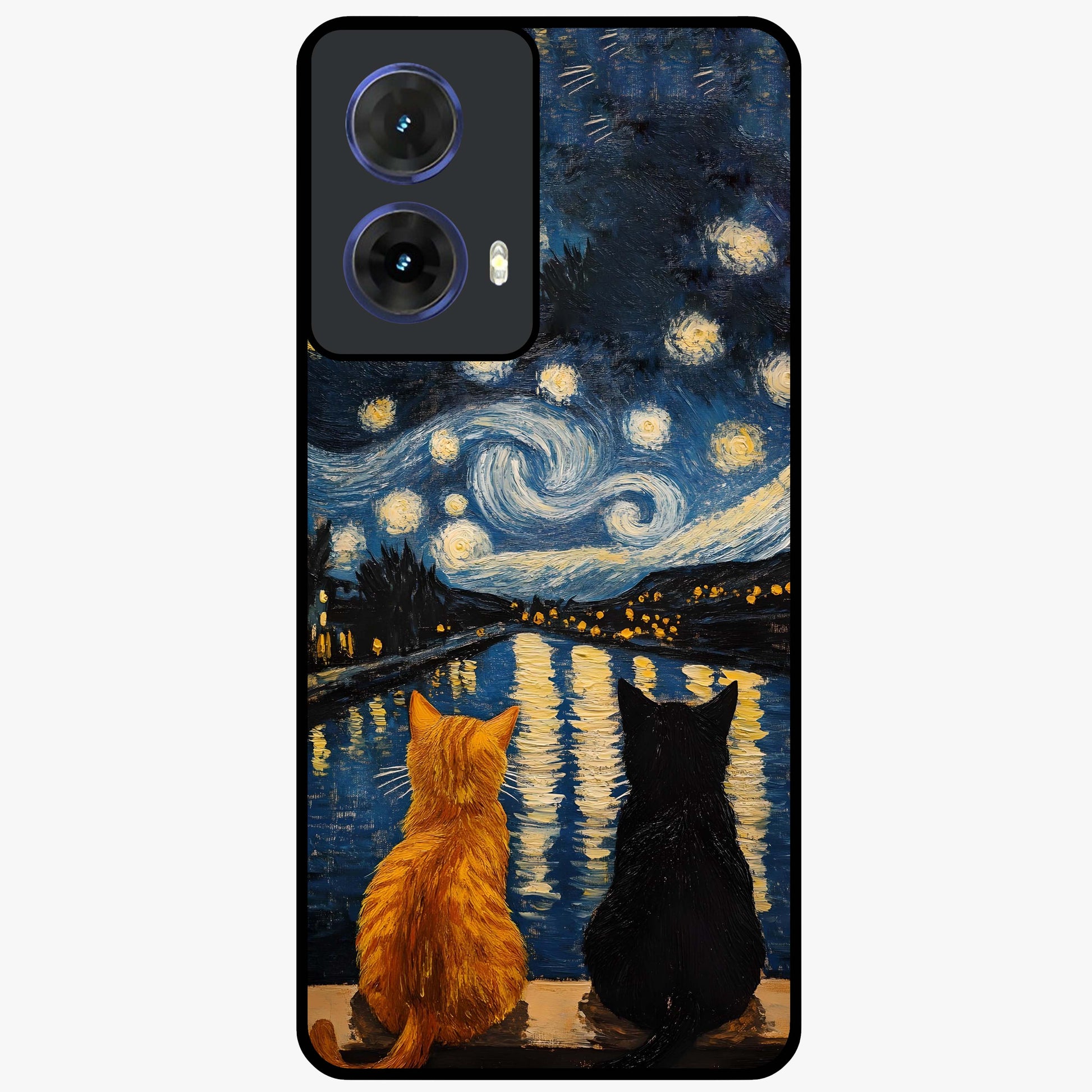 Starry River Cats Glass Case showing flat back view with cats by a starry river artwork and glossy glass finish.