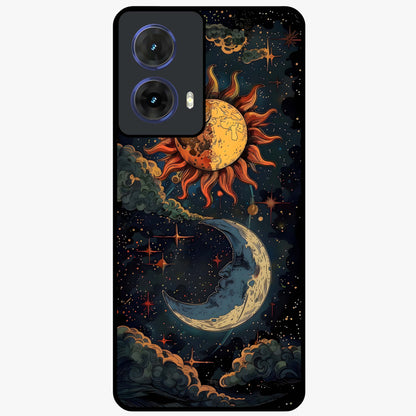 Sun And Moon Magic Design Glass Case showing flat back view with mystical sun and moon artwork and glossy glass finish.