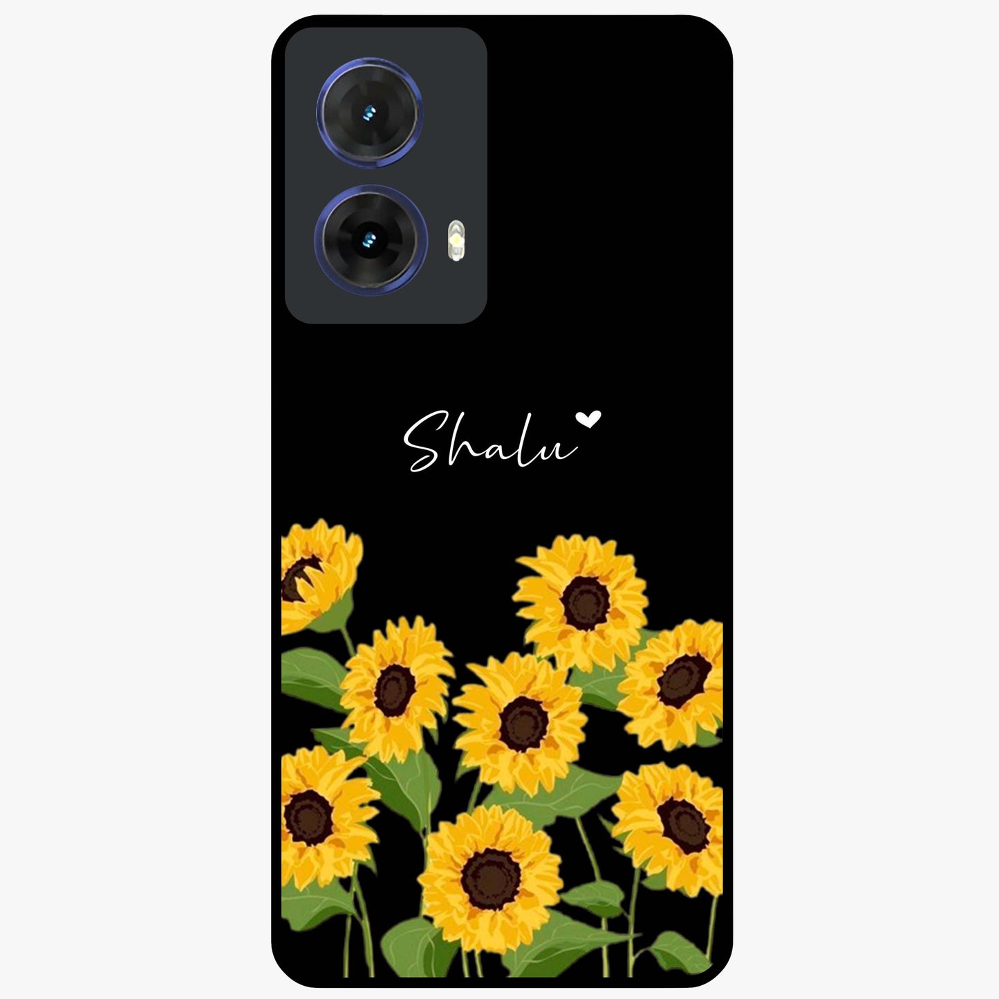 Sunflower Chic Mood Custom Name Glass Case showing flat back view with stylish sunflower artwork and personalized name design.