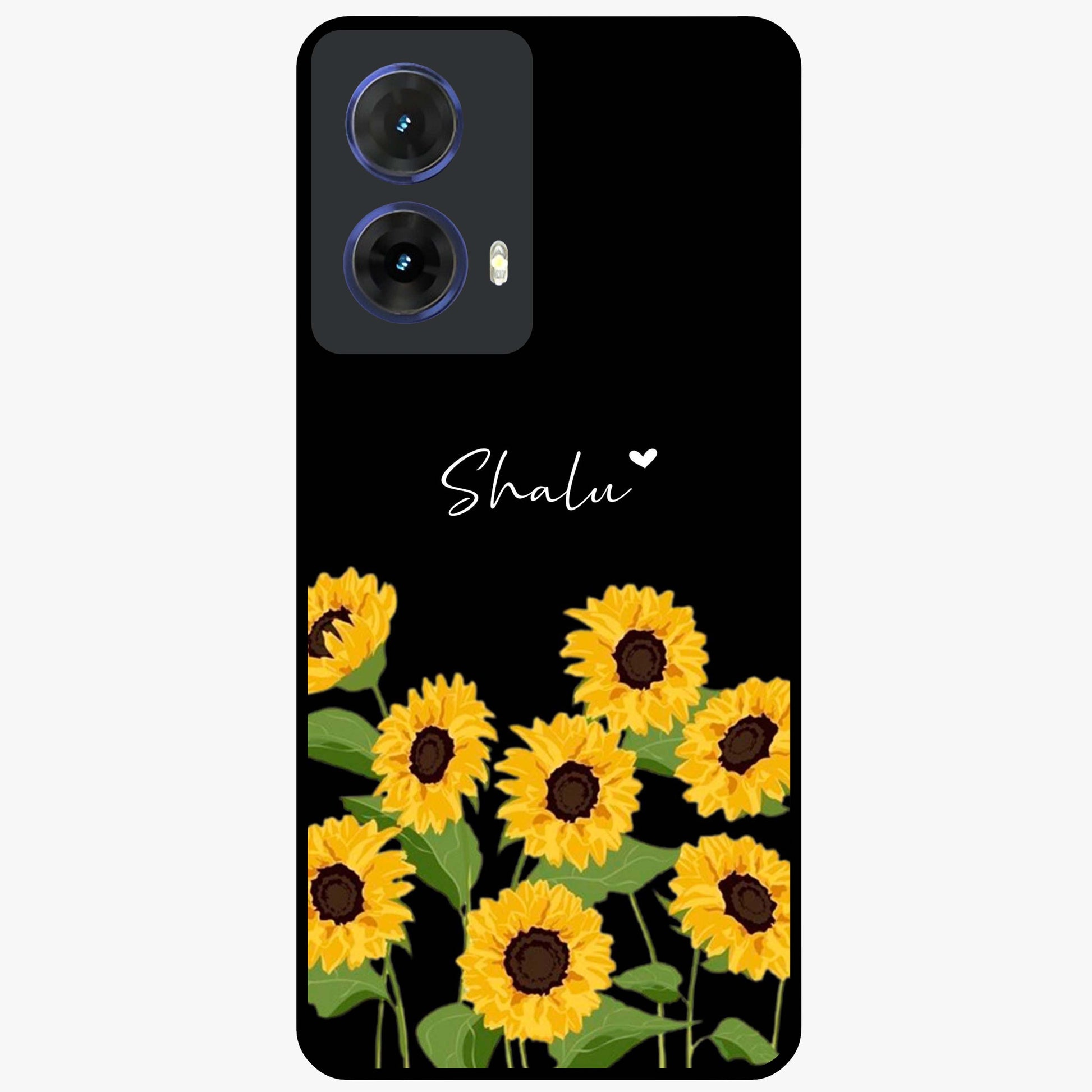 Sunflower Chic Mood Custom Name Glass Case showing flat back view with stylish sunflower artwork and personalized name design.