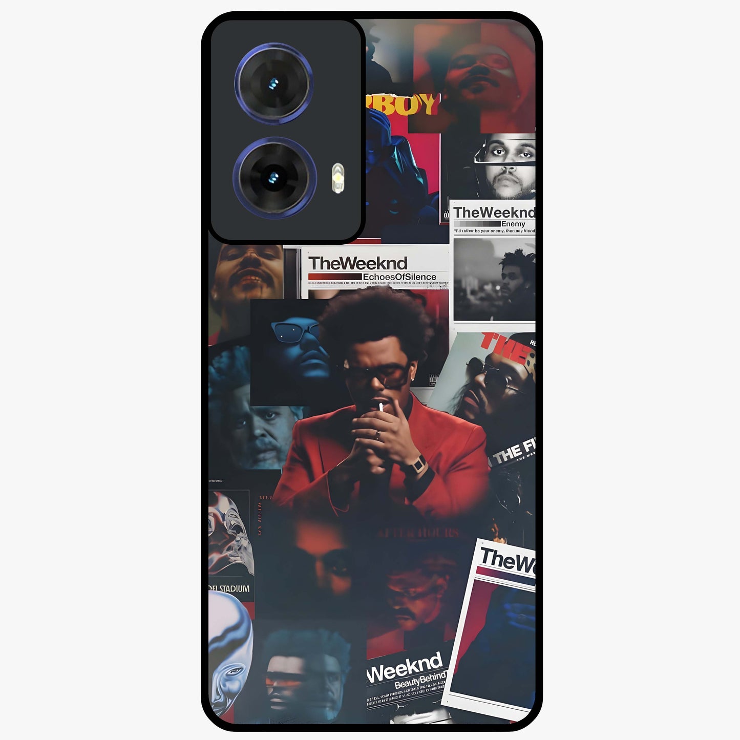 The Weeknd Glass Case showing flat back view with music inspired artistic portrait artwork and glossy glass finish.