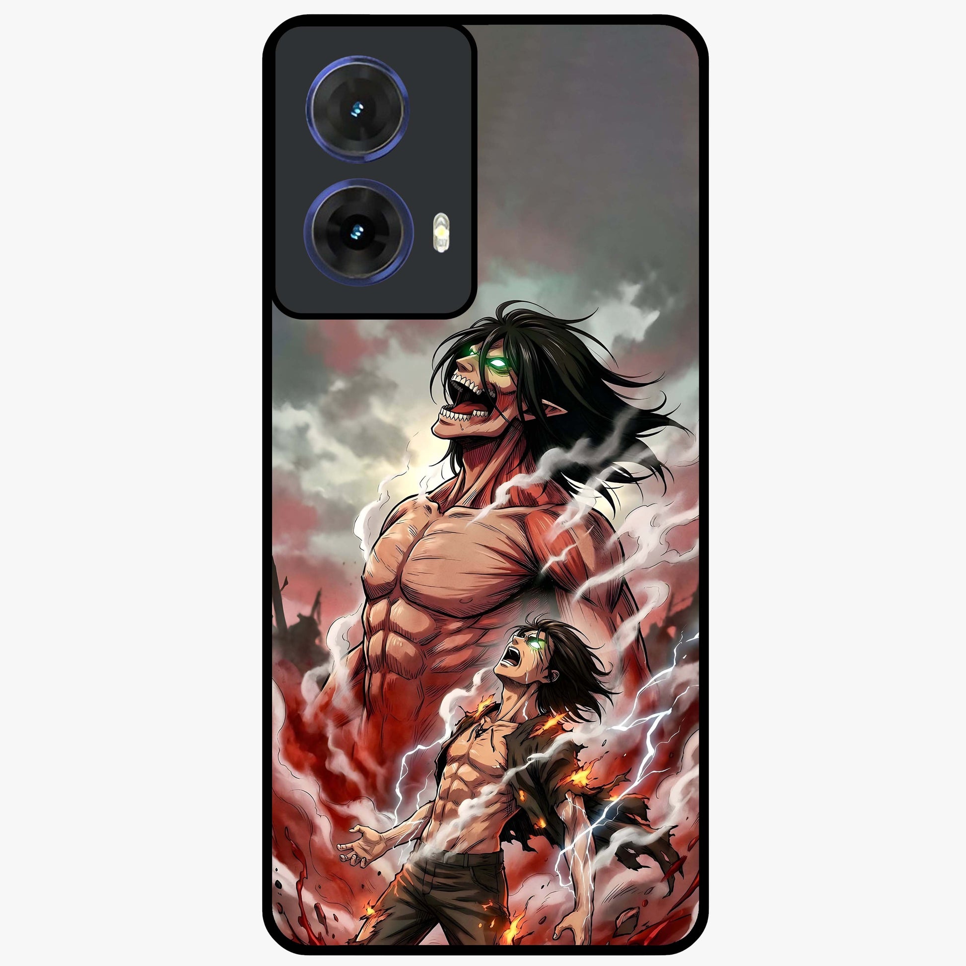 Titan Awakening Fury Glass Case showing flat back view with powerful titan inspired artwork and glossy glass finish.