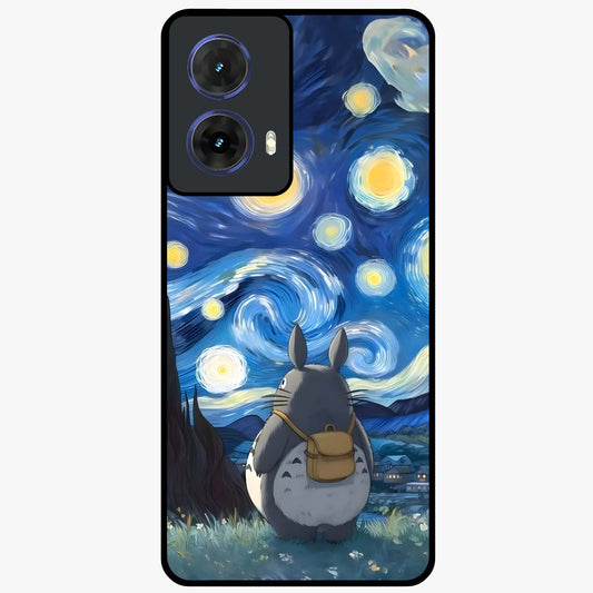 Totoro In Van Gogh Art Glass Case showing flat back view with whimsical character artwork inspired by Van Gogh style and glossy glass finish.