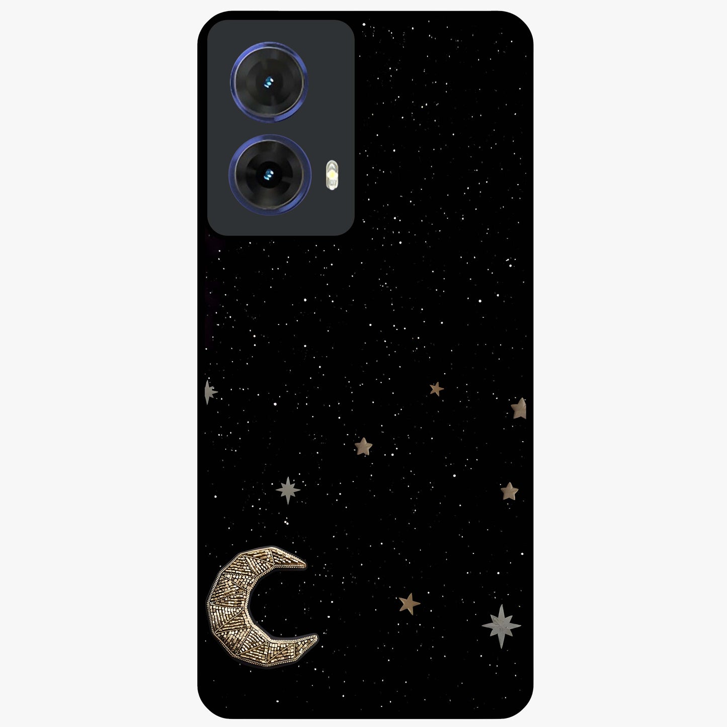 Twinkle Star With Half Moon Glass Case showing flat back view with star and half moon artwork and glossy glass finish.