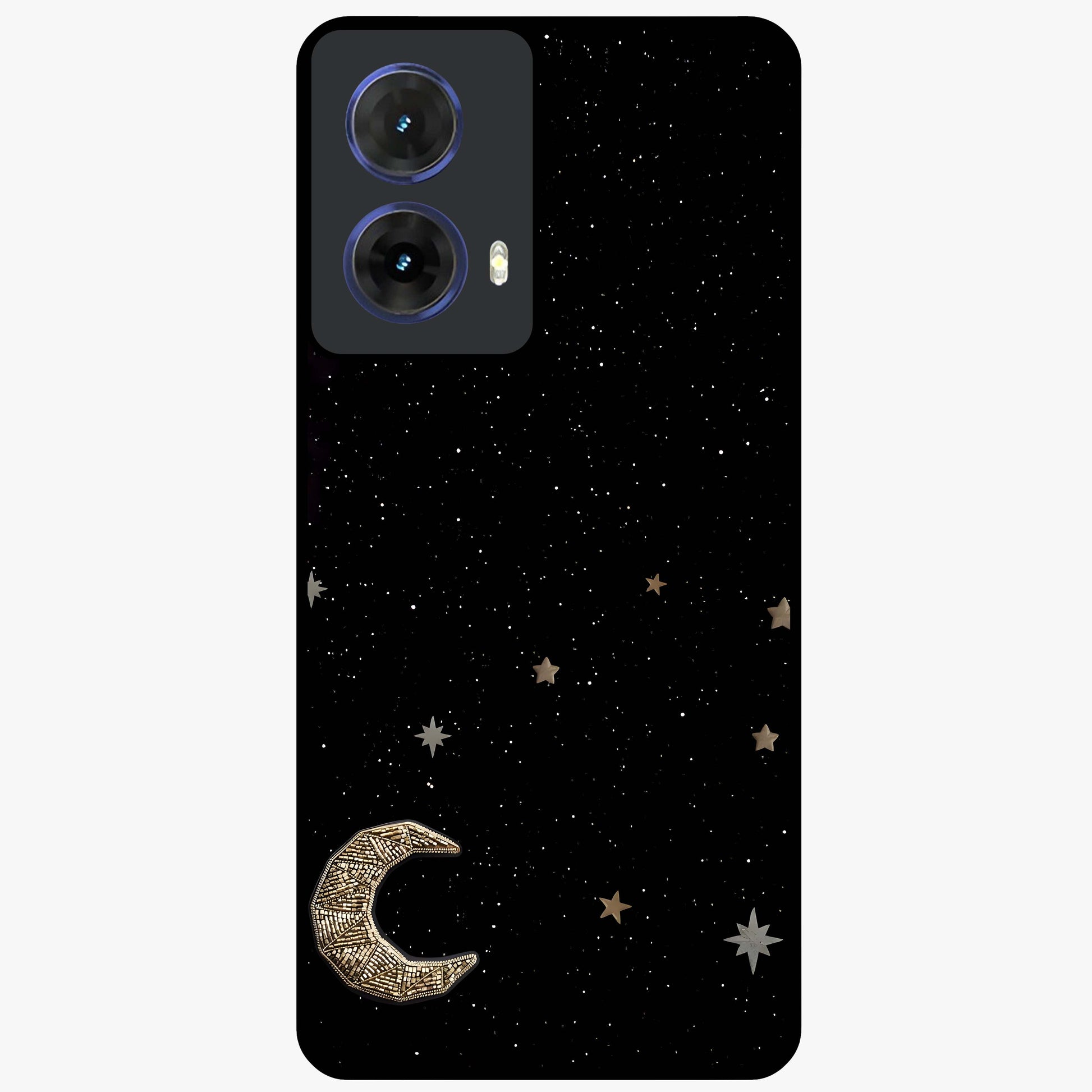 Twinkle Star With Half Moon Glass Case showing flat back view with star and half moon artwork and glossy glass finish.