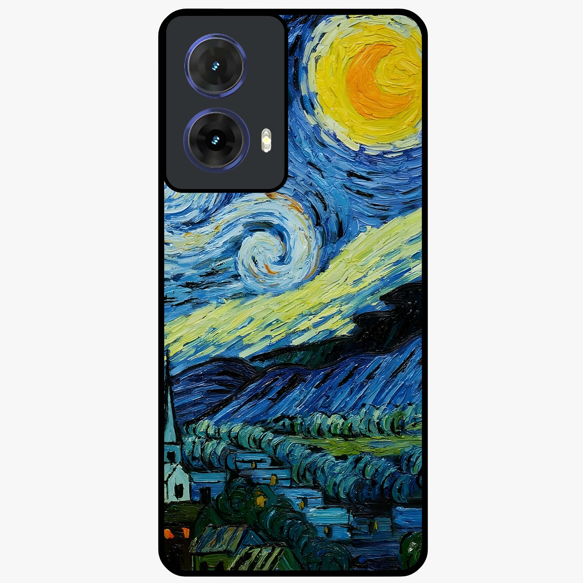 Van Gogh Art Glass Case showing flat back view with classic painterly artwork inspired by Van Gogh style and glossy glass finish.