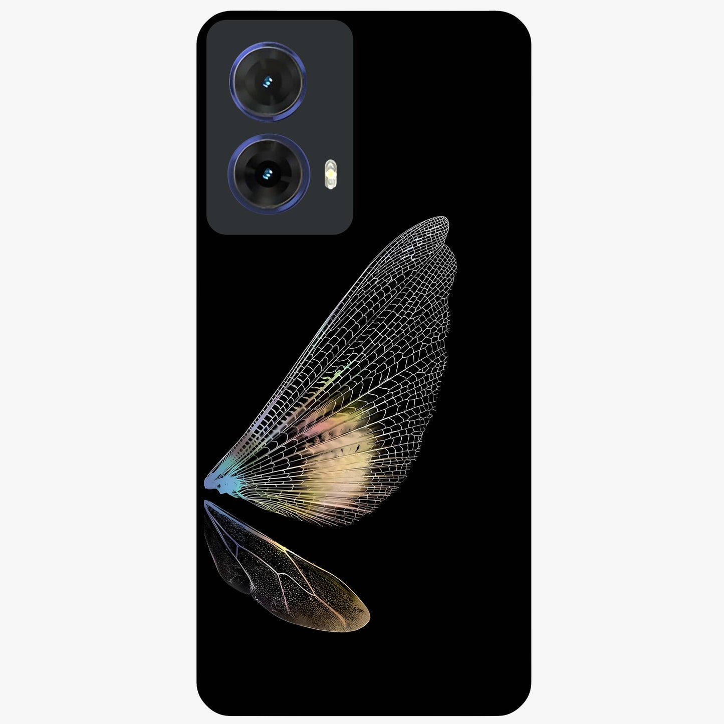 Whispers Of Wings Glass Case showing flat back view with graceful wing inspired artwork and glossy glass finish.