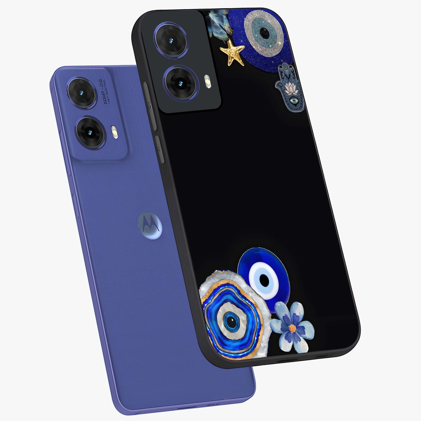 Aesthetic Blue Evil Eye Glass Case displayed in angled mockup highlighting blue evil eye symbol and spiritual aesthetic design.