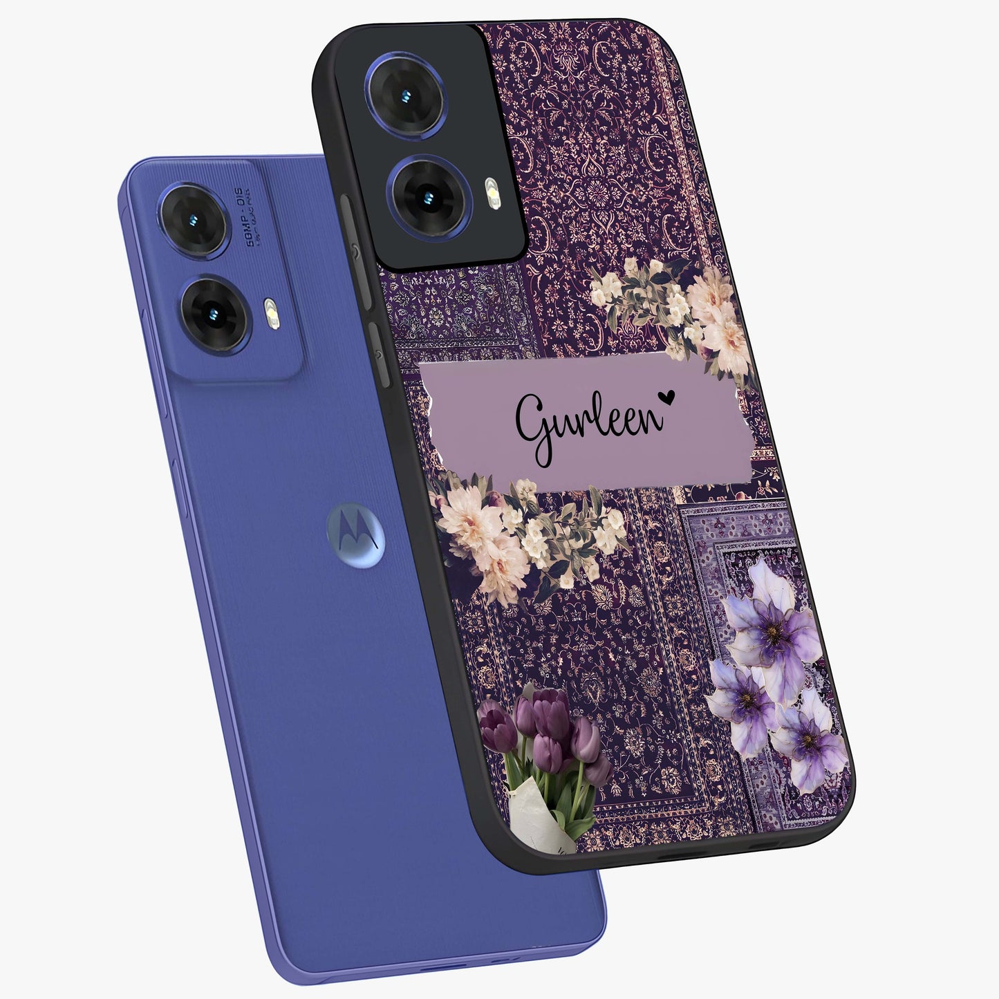 Antique Floral Whisper Custom Name Glass Case displayed in angled mockup highlighting elegant antique floral aesthetic.