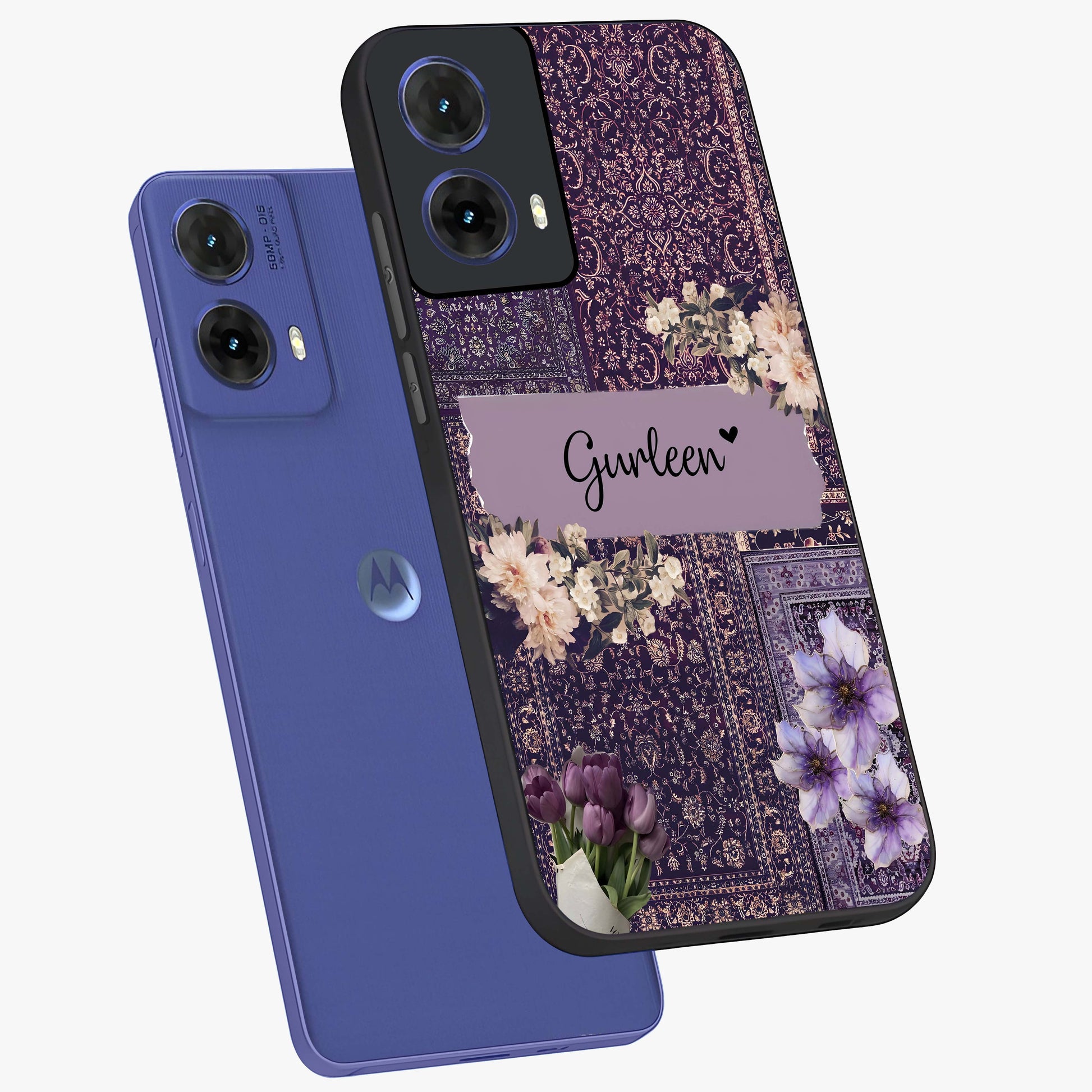 Antique Floral Whisper Custom Name Glass Case displayed in angled mockup highlighting elegant antique floral aesthetic.