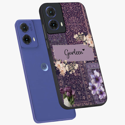 Antique Floral Whisper Custom Name Glass Case displayed in angled mockup highlighting elegant antique floral aesthetic.