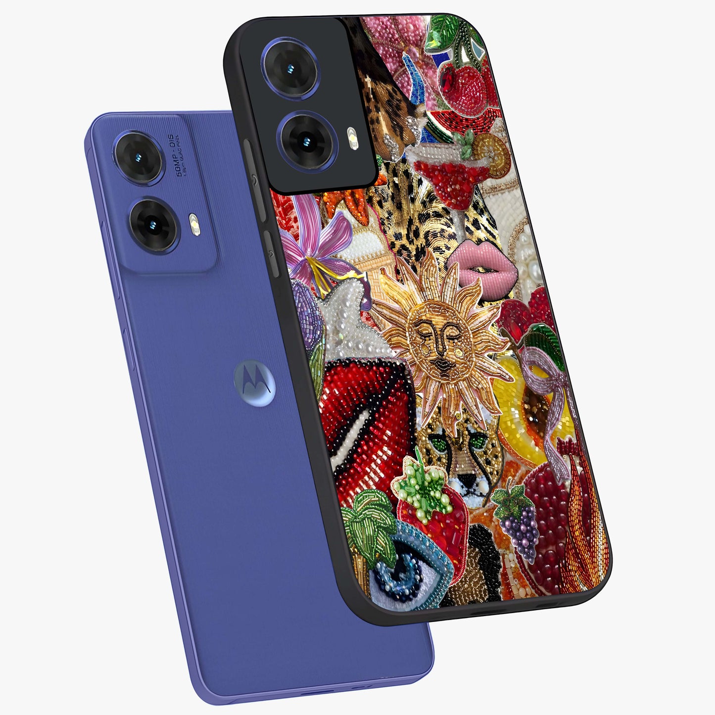 Beaded Fashion Jungle Glass Case displayed in angled mockup highlighting colorful fashion bead design and artistic pattern.