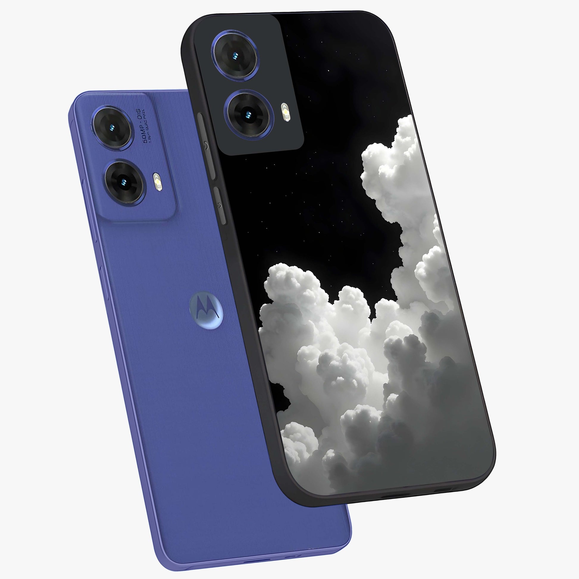 Black Background With White Cloud Glass Case displayed in angled mockup highlighting soft white cloud illustration and minimal design.