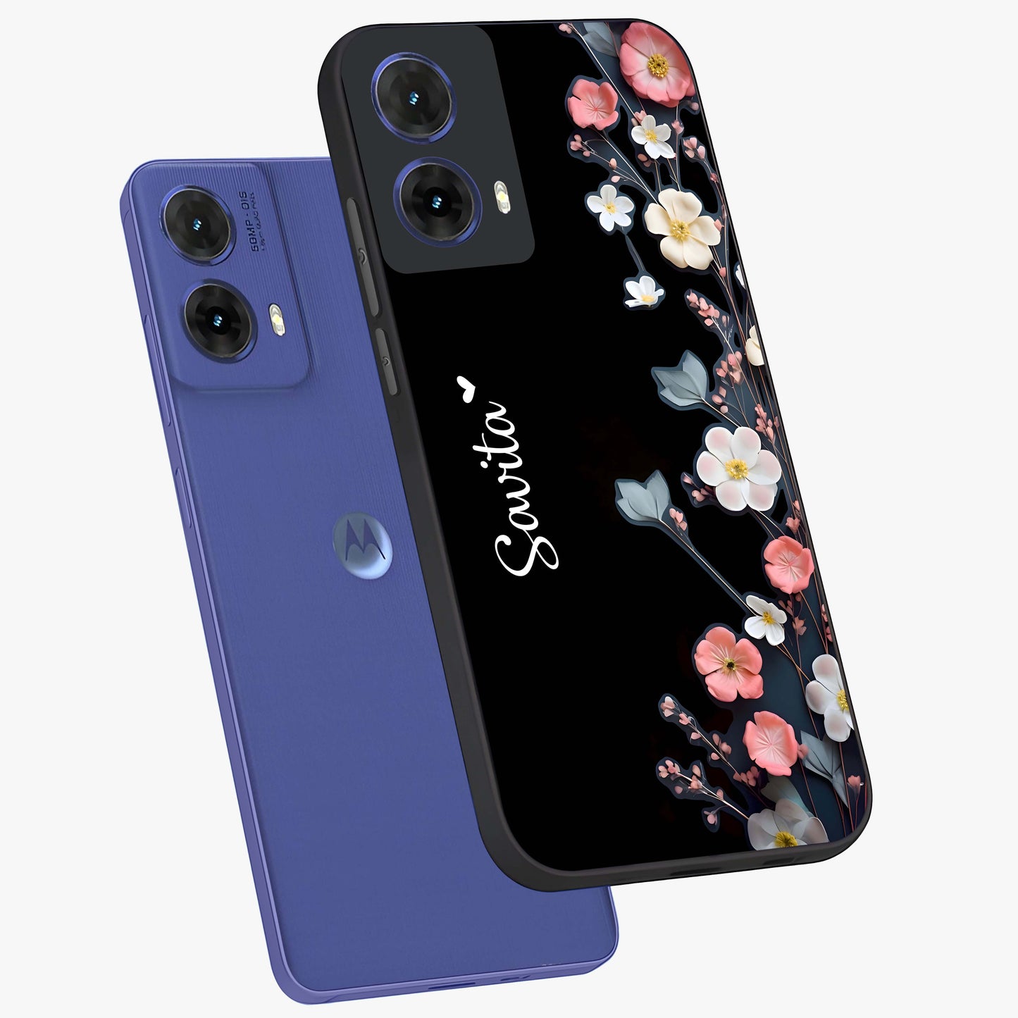 Black Elegance Floral Custom Name Glass Case displayed in angled mockup highlighting dark floral aesthetic and custom name feature.