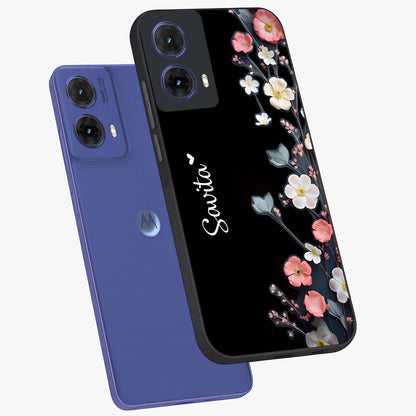 Black Elegance Floral Custom Name Glass Case displayed in angled mockup highlighting dark floral aesthetic and custom name feature.