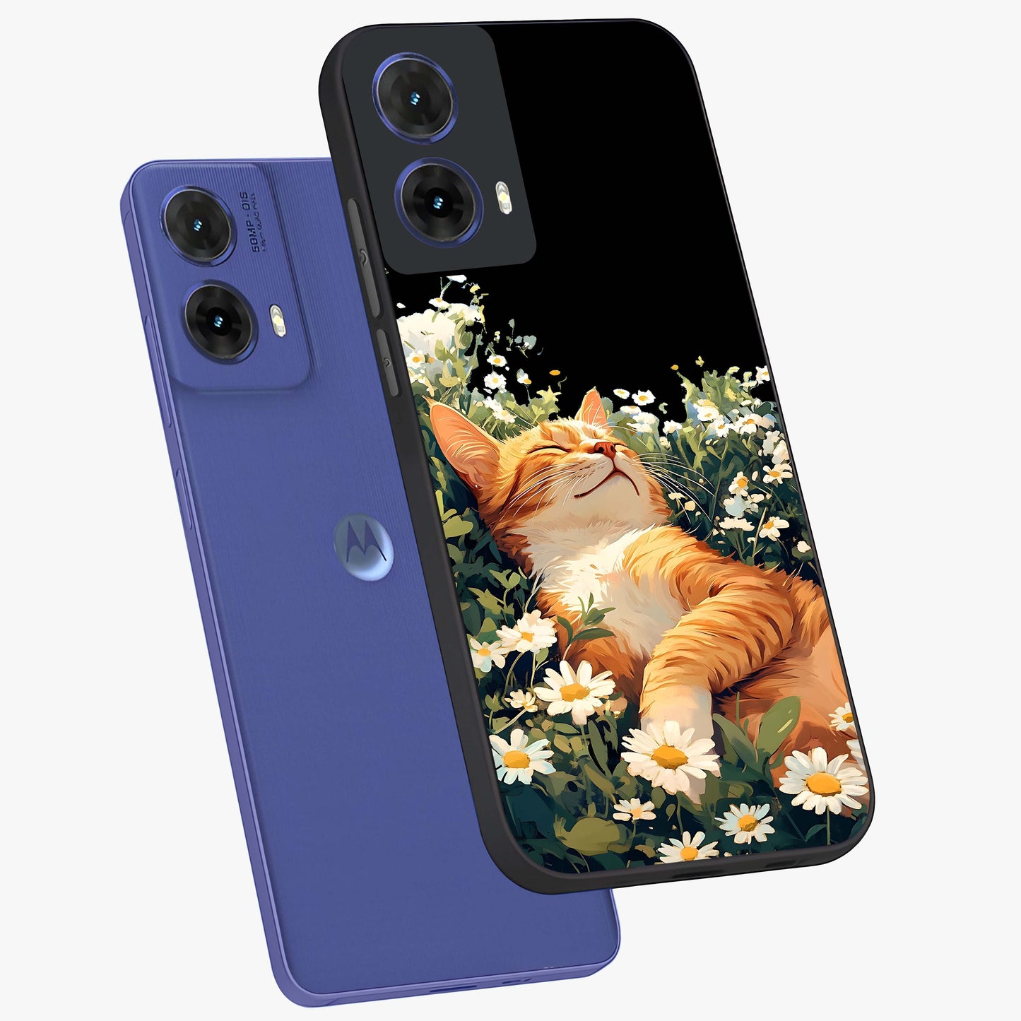 Blissful Bloom Cat Glass Case displayed in angled mockup highlighting playful feline illustration with soft floral aesthetic.