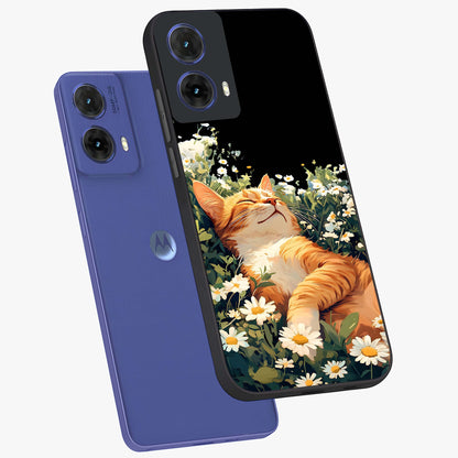 Blissful Bloom Cat Glass Case displayed in angled mockup highlighting playful feline illustration with soft floral aesthetic.
