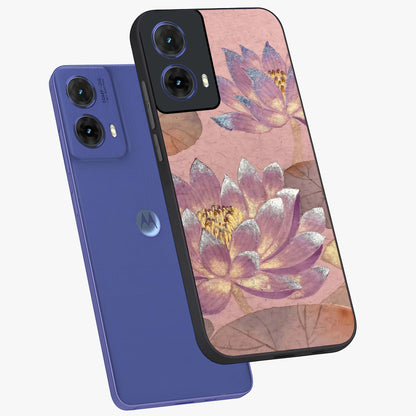 Blossom Mist Lotus Glass Case displayed in angled mockup highlighting delicate lotus illustration with calm aesthetic theme.