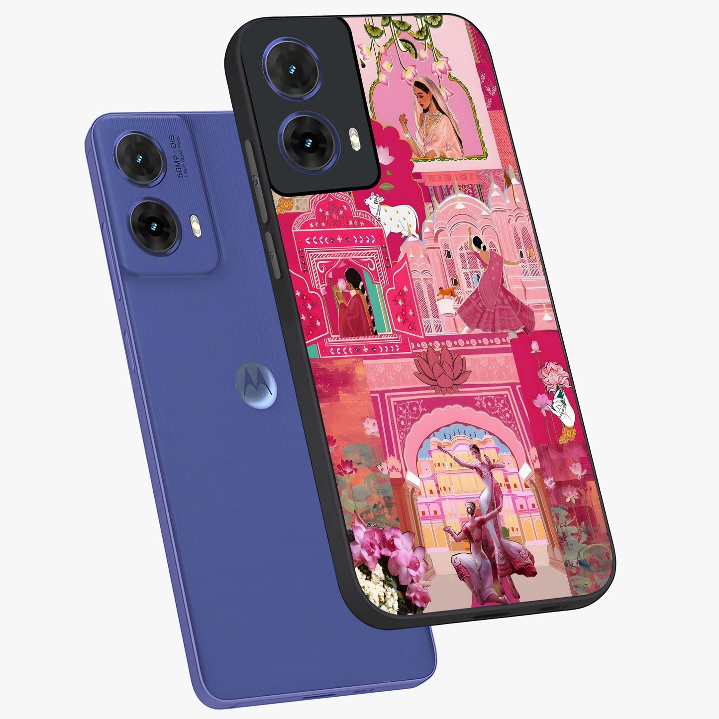 Blossoms of Rajasthan Glass Case displayed in angled mockup highlighting vibrant floral pattern with cultural aesthetic style.