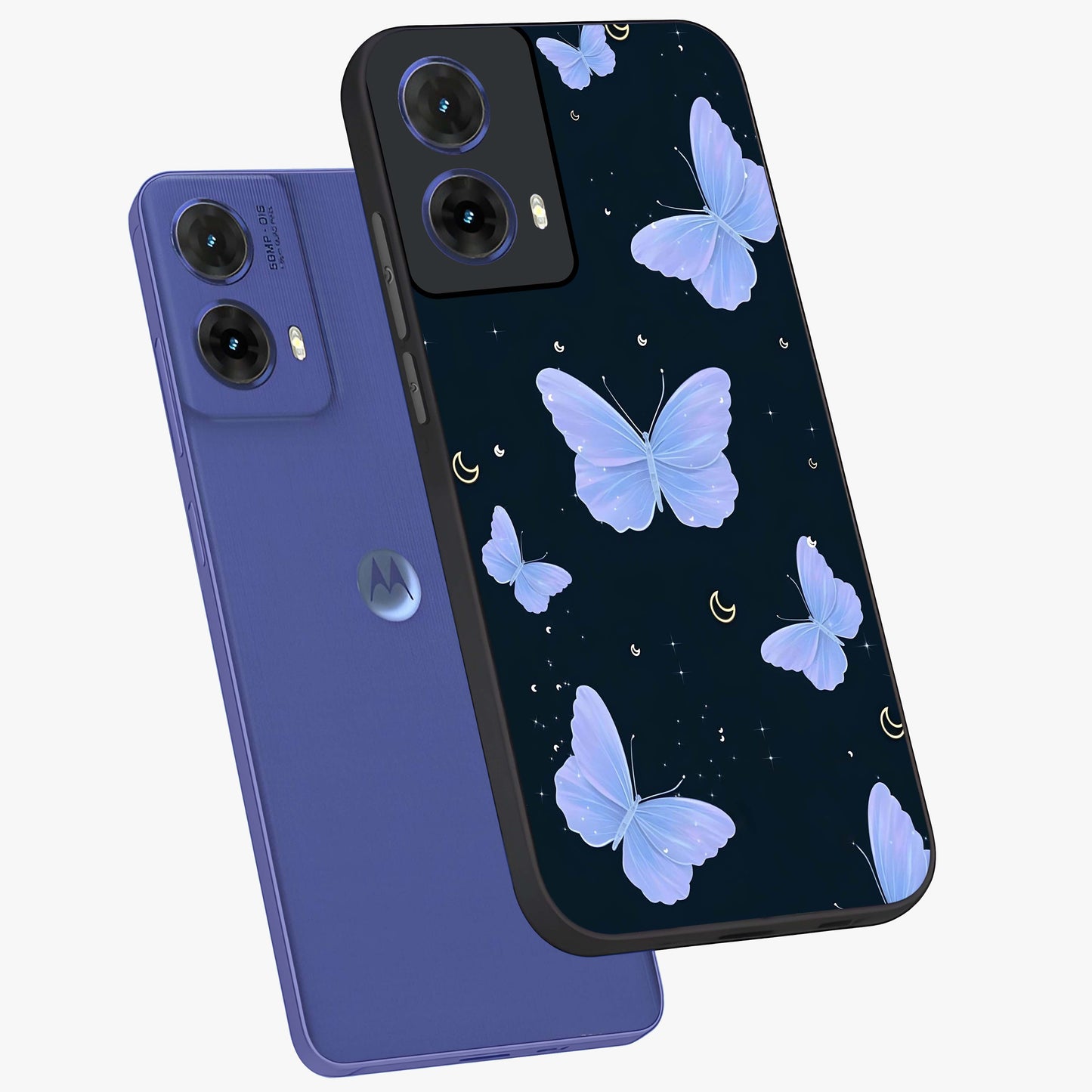 Butterfly With Stars Pattern Glass Case displayed in angled mockup highlighting dreamy butterfly and star design with aesthetic theme.