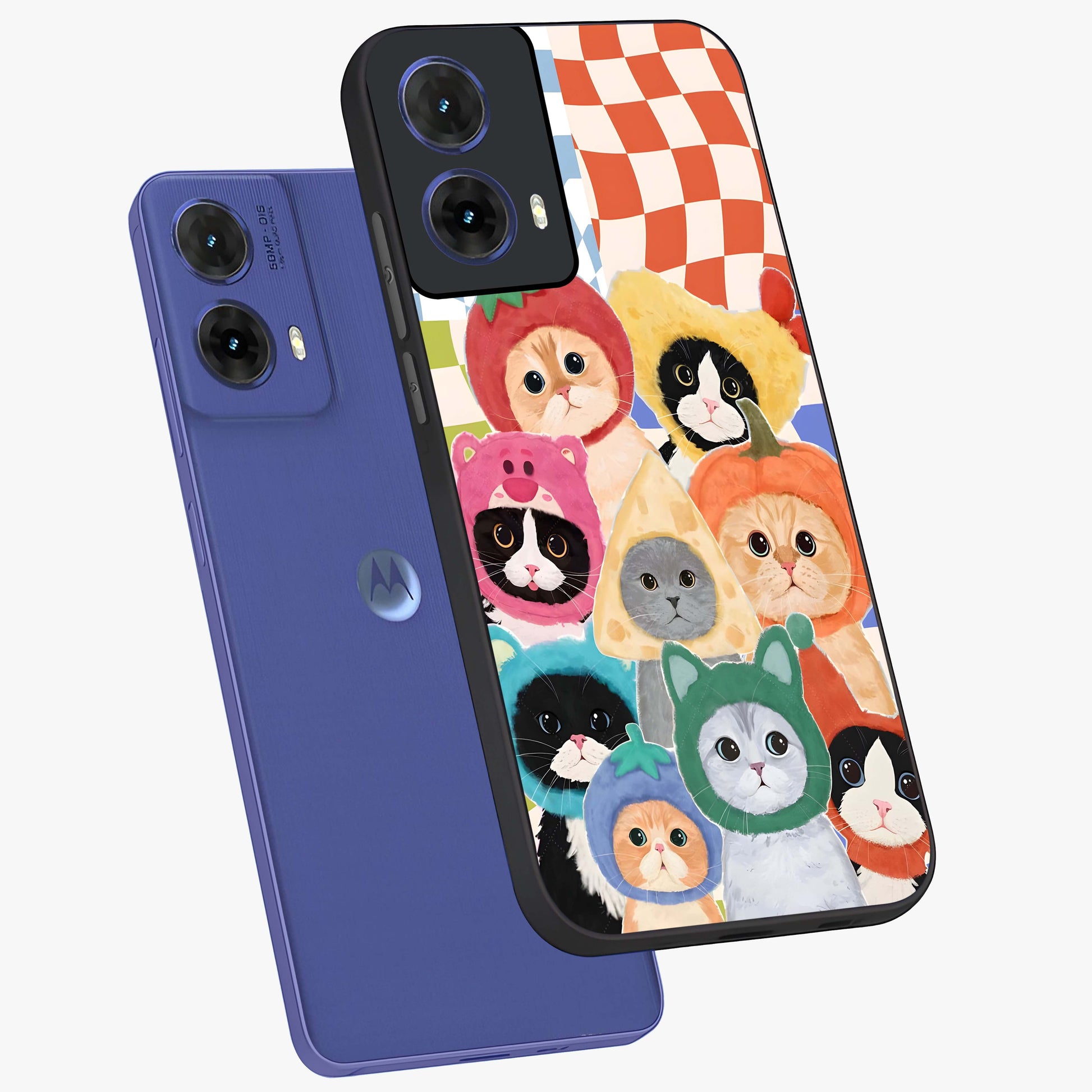 Cats in Fruits Glass Case displayed in angled mockup highlighting cute feline fruit design with colorful aesthetic style.