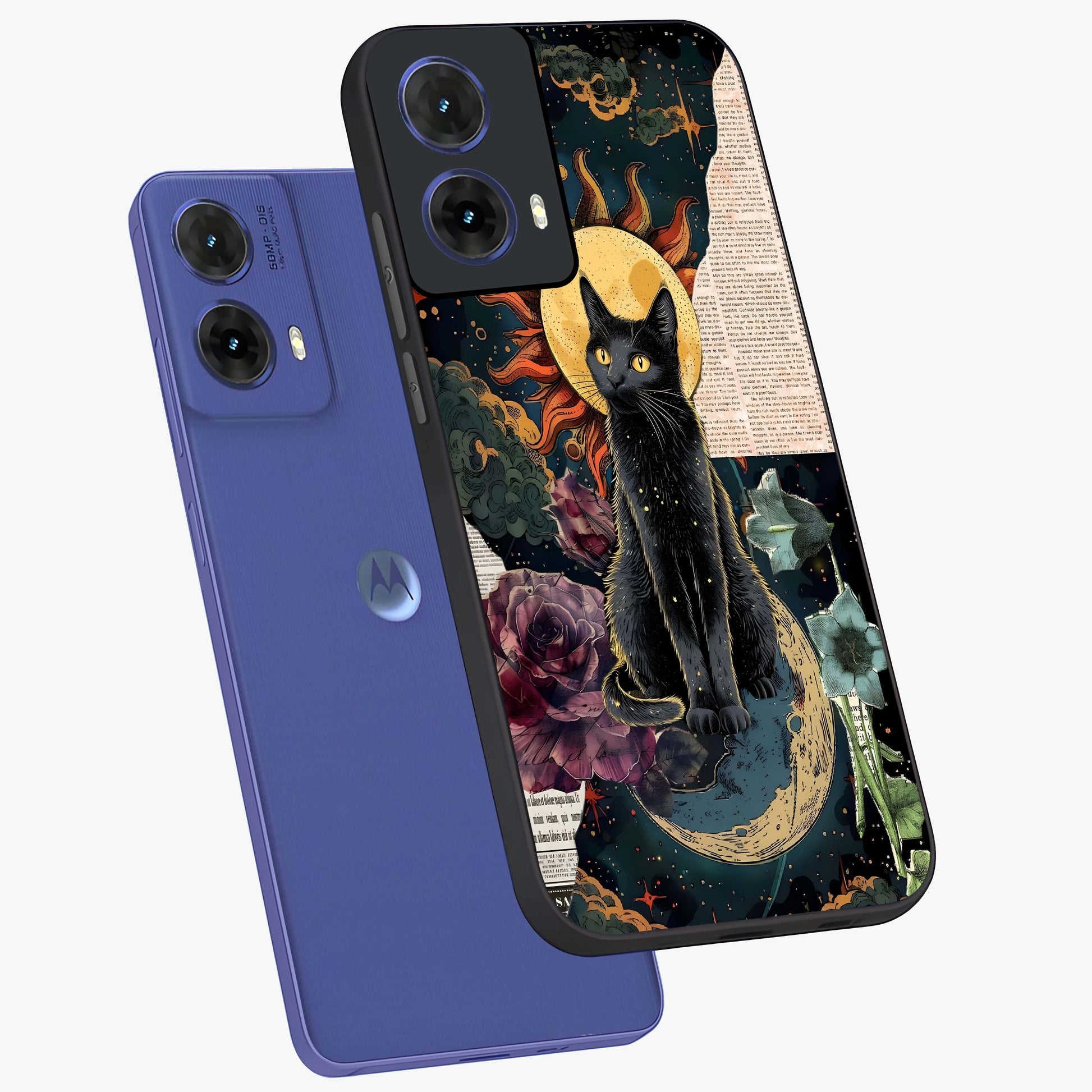 Celestial Black Cat Glass Case displayed in angled mockup highlighting cosmic black cat design with celestial aesthetic.