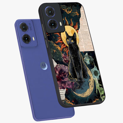 Celestial Black Cat Glass Case displayed in angled mockup highlighting cosmic black cat design with celestial aesthetic.