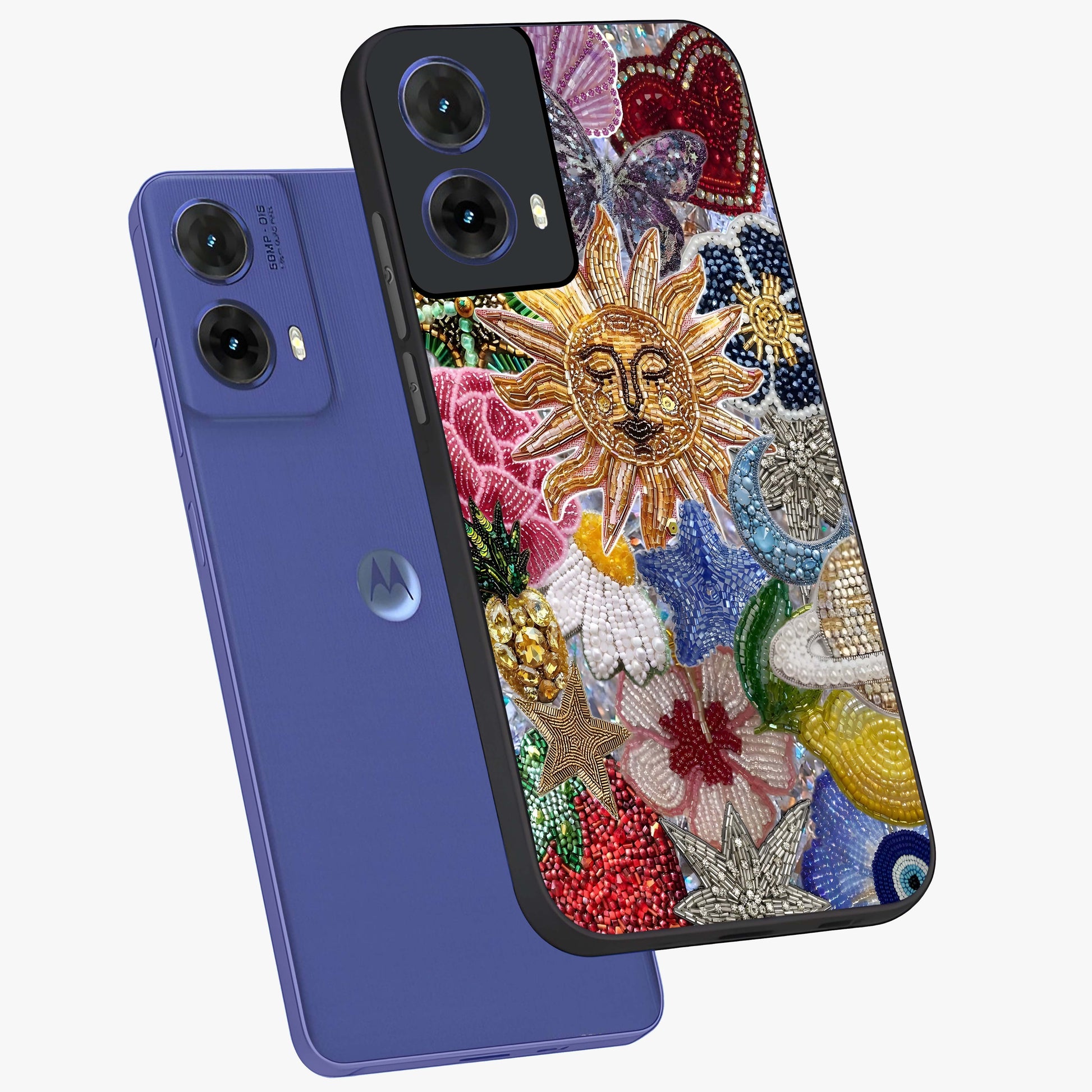 Celestial Floral and Playful Glass Case displayed in angled mockup highlighting playful floral design with dreamy celestial elements.