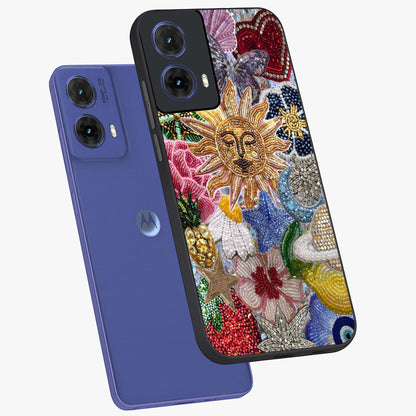Celestial Floral and Playful Glass Case displayed in angled mockup highlighting playful floral design with dreamy celestial elements.