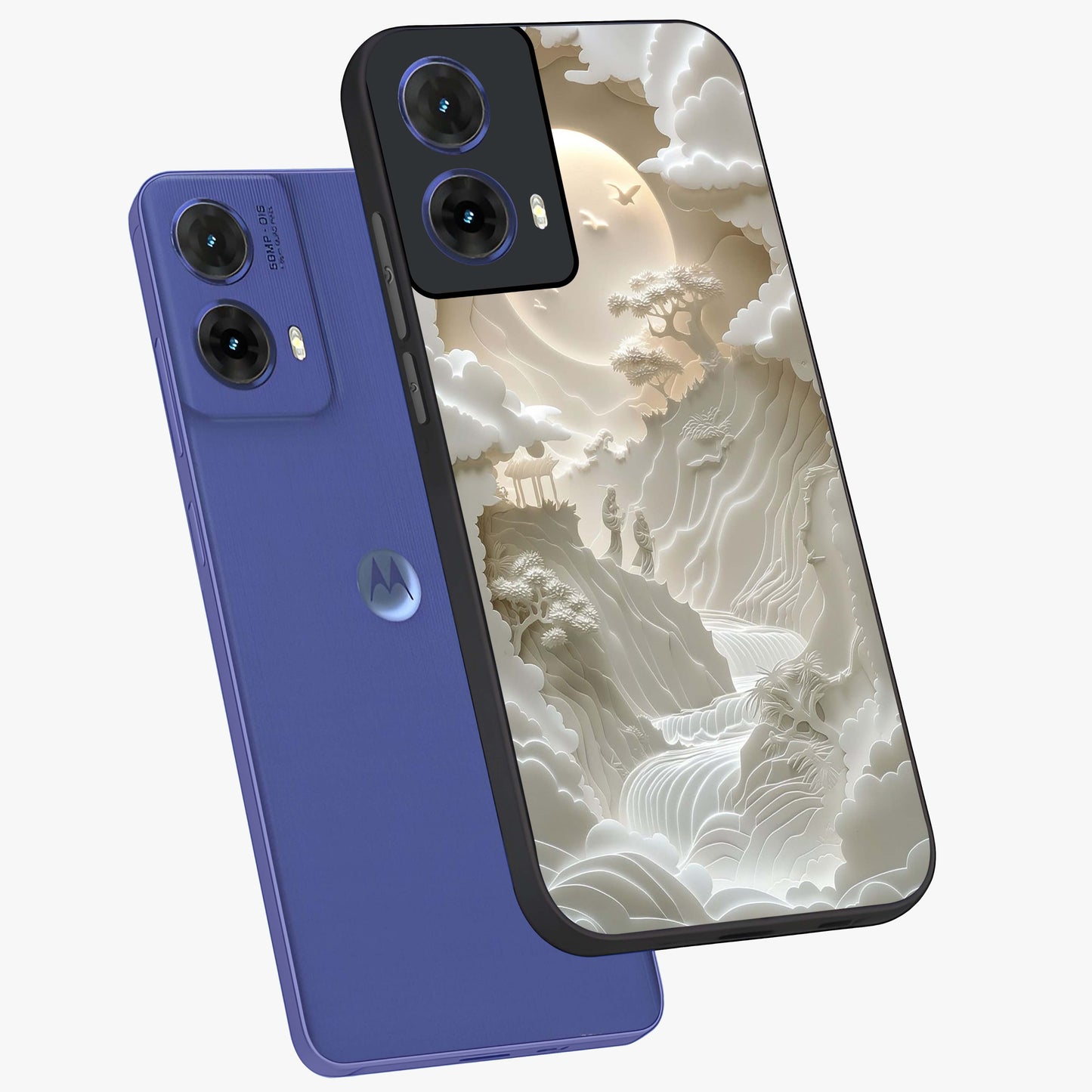 Celestial Origami Glass Case displayed in angled mockup highlighting geometric origami design with cosmic aesthetic theme.
