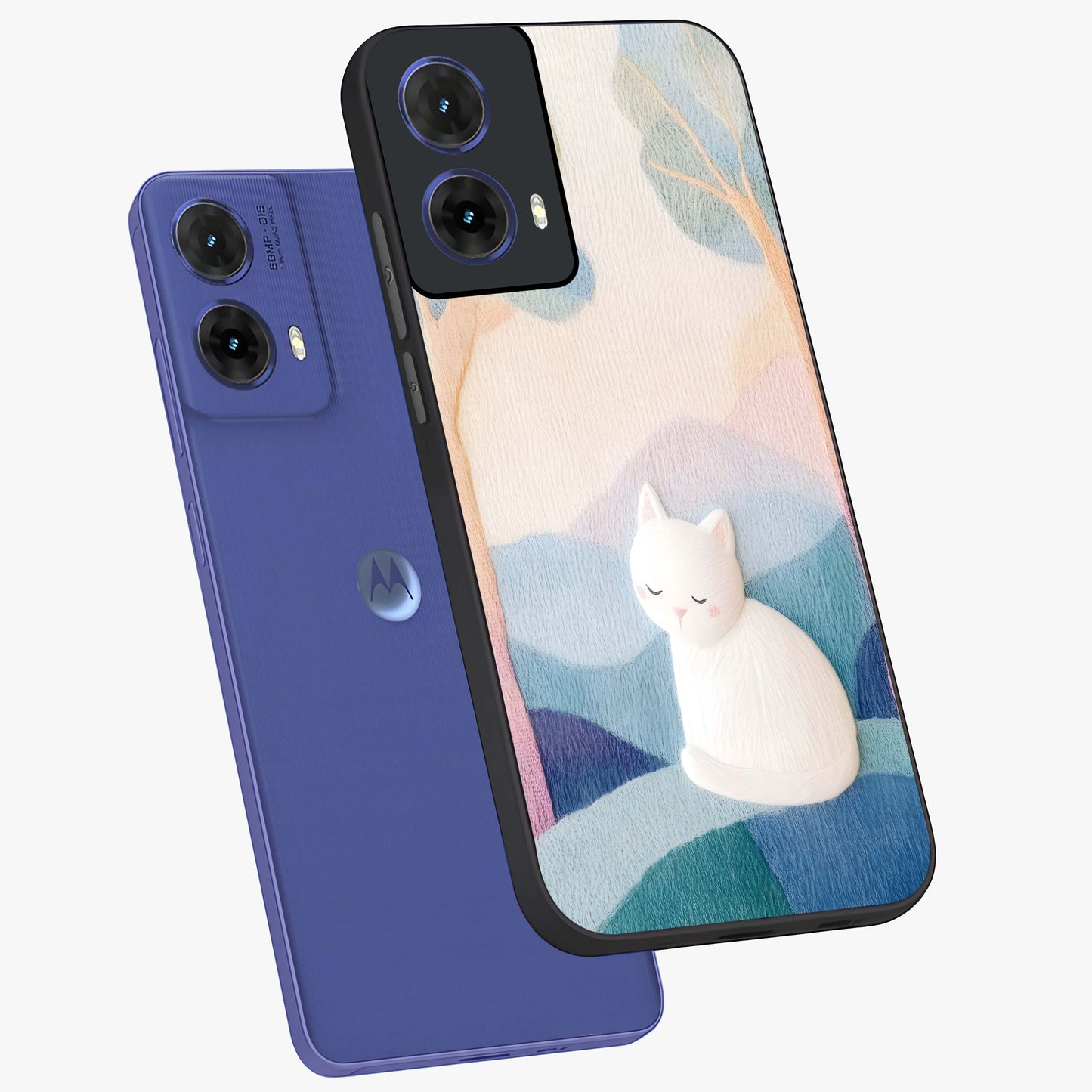 Cotton Dream Cat Glass Case displayed in angled mockup highlighting cute feline illustration with pastel aesthetic style.
