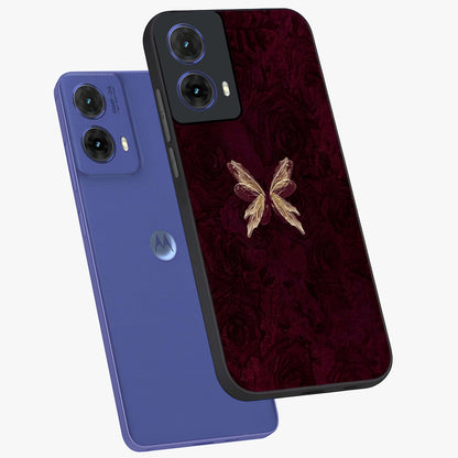 Crimson Fade Butterfly Glass Case displayed in angled mockup highlighting elegant butterfly design with crimson gradient aesthetic.