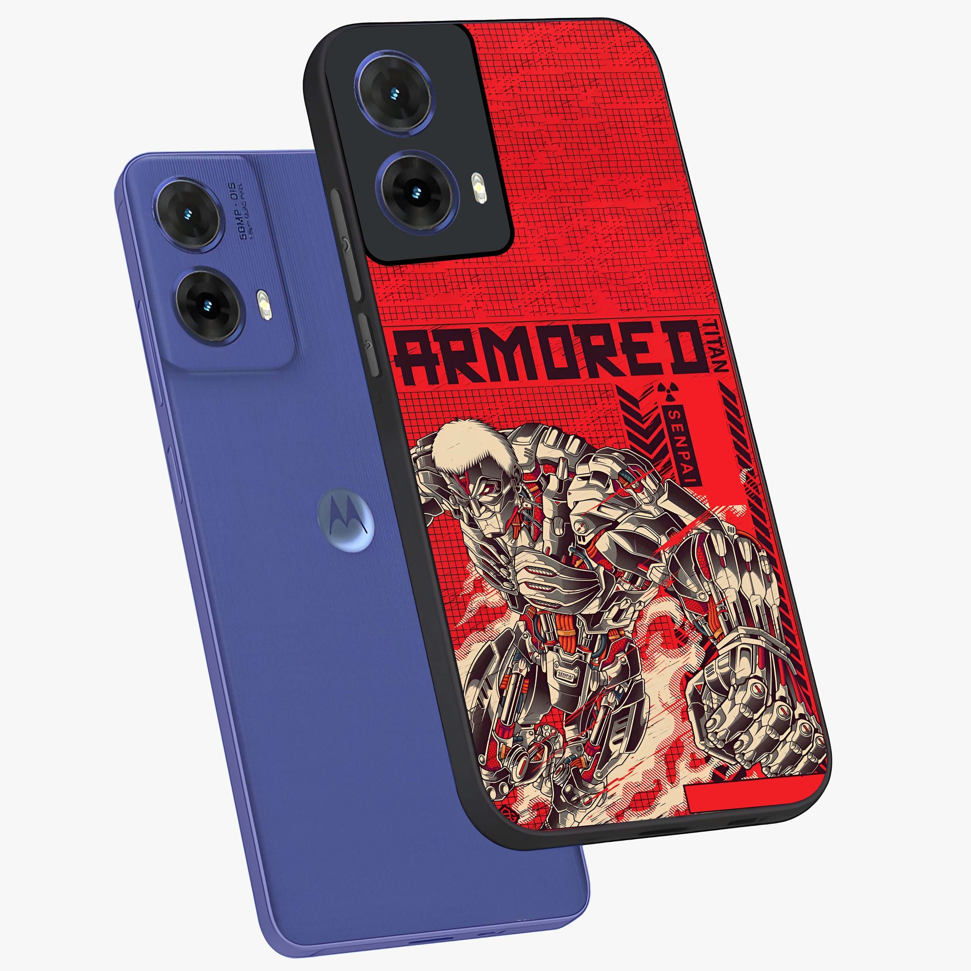 Crimson Mecha Titan Glass Case displayed in angled mockup highlighting futuristic mech illustration with bold crimson aesthetic.