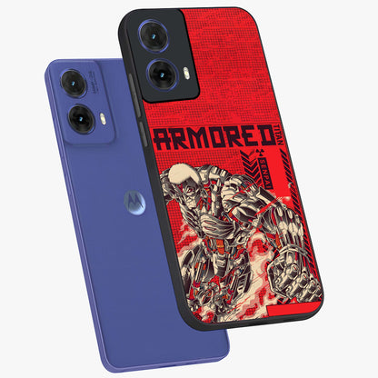 Crimson Mecha Titan Glass Case displayed in angled mockup highlighting futuristic mech illustration with bold crimson aesthetic.