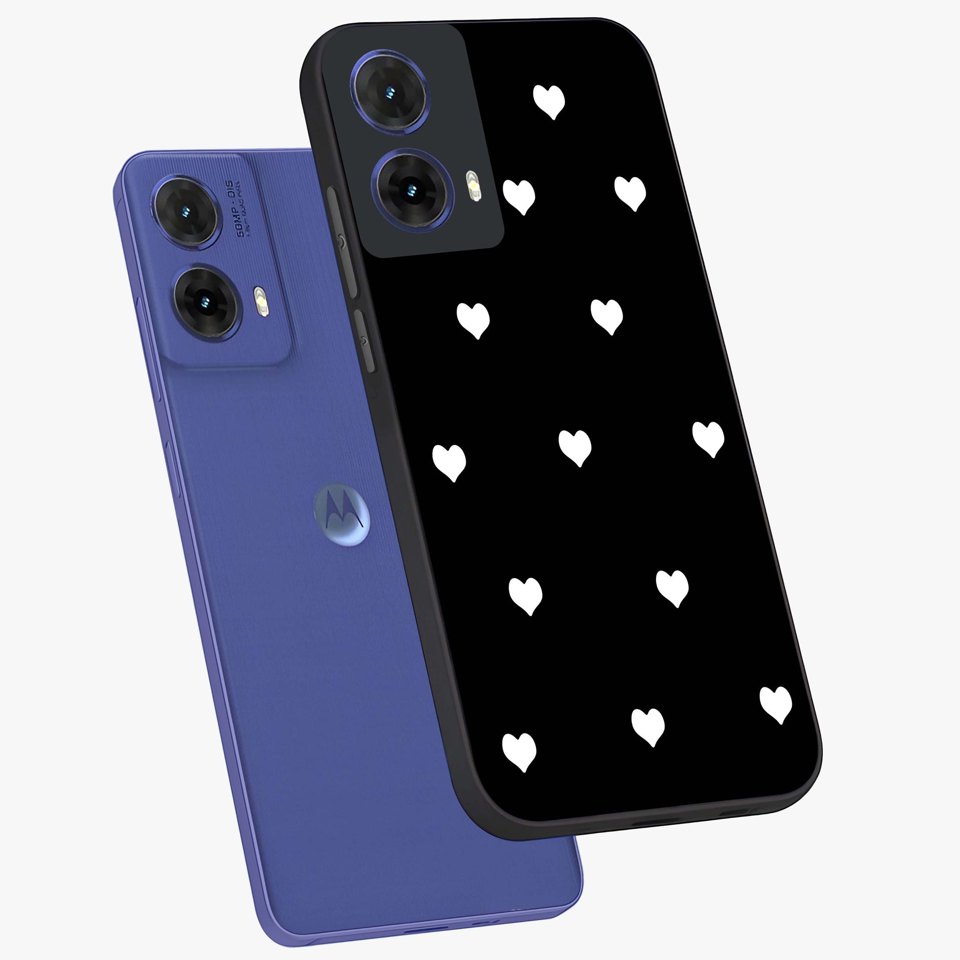 Cute And Simple White Hearts Glass Case displayed in angled mockup highlighting cute heart design with clean aesthetic style.