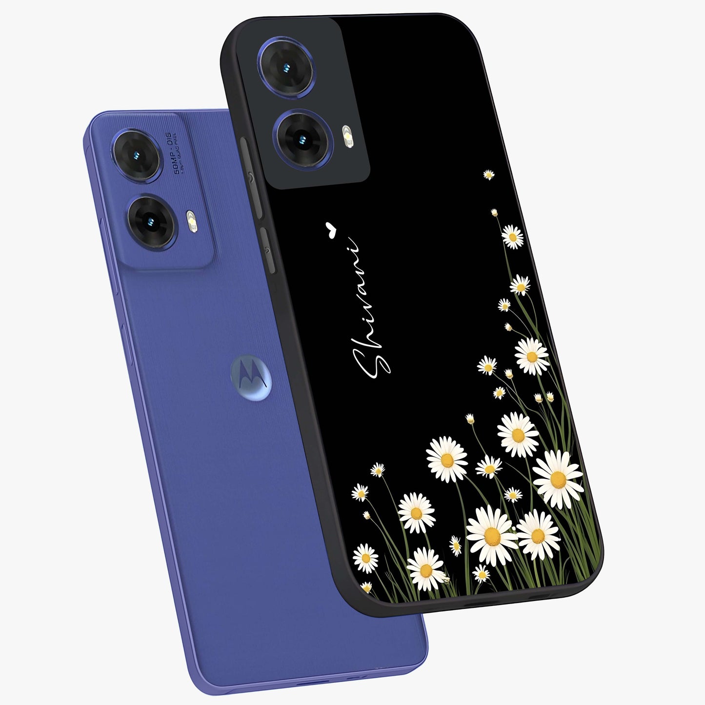 Daisy Cascade Custom Name Glass Case displayed in angled mockup highlighting delicate daisy artwork with custom name feature.